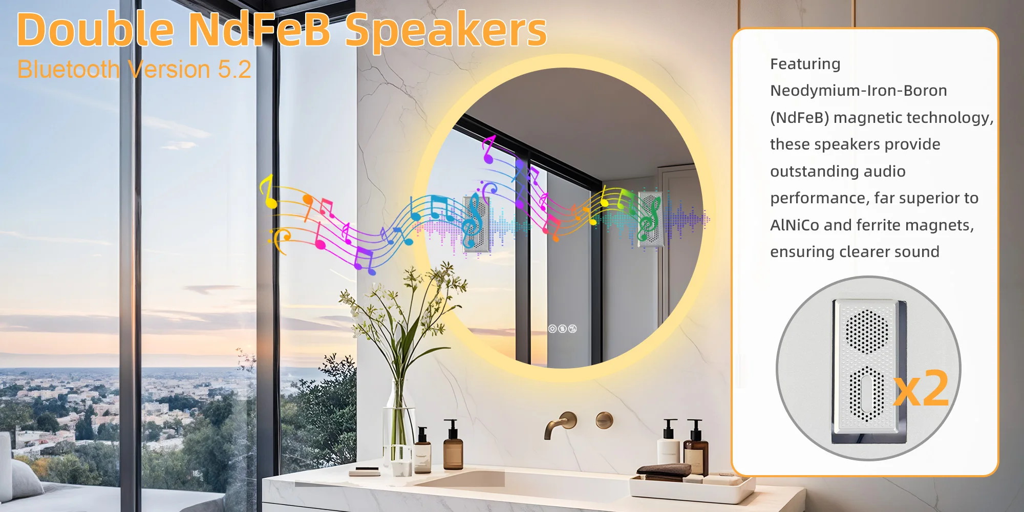 Round Bathroom Mirror 800x800mm with Bluetooth Wall Illuminated LED Vanity Mirror, Anti-Fog, Three Color Light, Memory Function