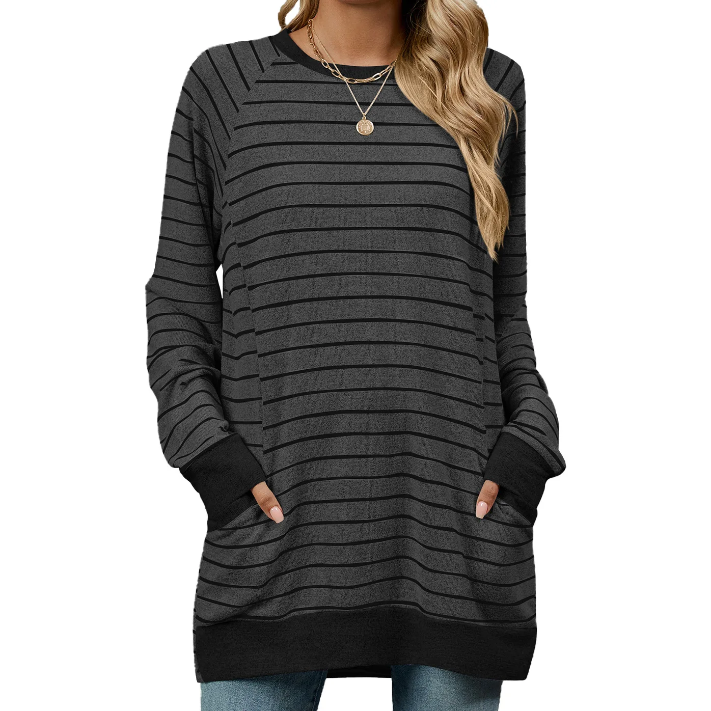 YJKDYK 2024 Spring Autumn Women's Long Sleeve Tops Female Ccontrast O-neck Stripe Pullovers Women's Casual Loose Sweatshirt