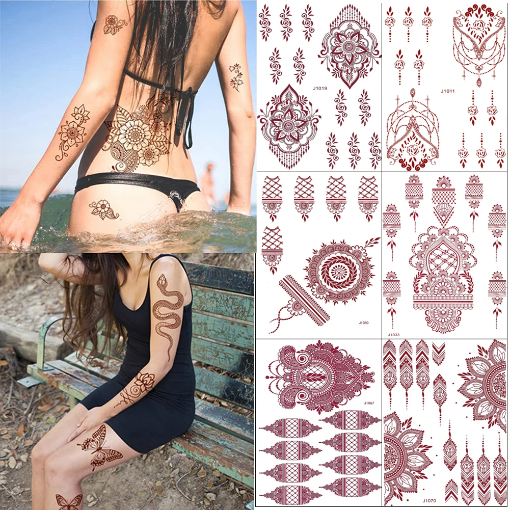 

3 Sheets Temporary Waterproof Red Henna Stickers makeup for Women's Body Art Henna Tattoo Stickers