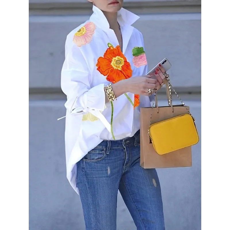 

Tinaa Casual Plus Size Shirts for Women 2025 Spring Loose fit Printing Button Chic Tied Long Sleeve Female Blouses 167090