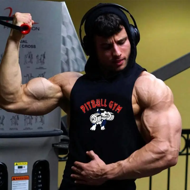 

Fitness Clothing Bodybuilding Hooded Vest T-Shirt Fitness Hooded Cotton Sports Muscle Vest Professional Training Vest Hot Sale
