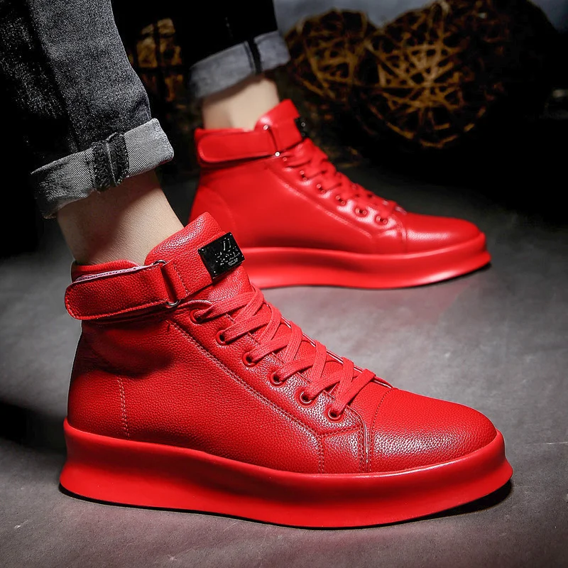 Sapatilhas masculinas de couro PU, sapatos casuais de grife plano, sapatos esportivos respiráveis Hip Hop, vermelho, moda luxuosa