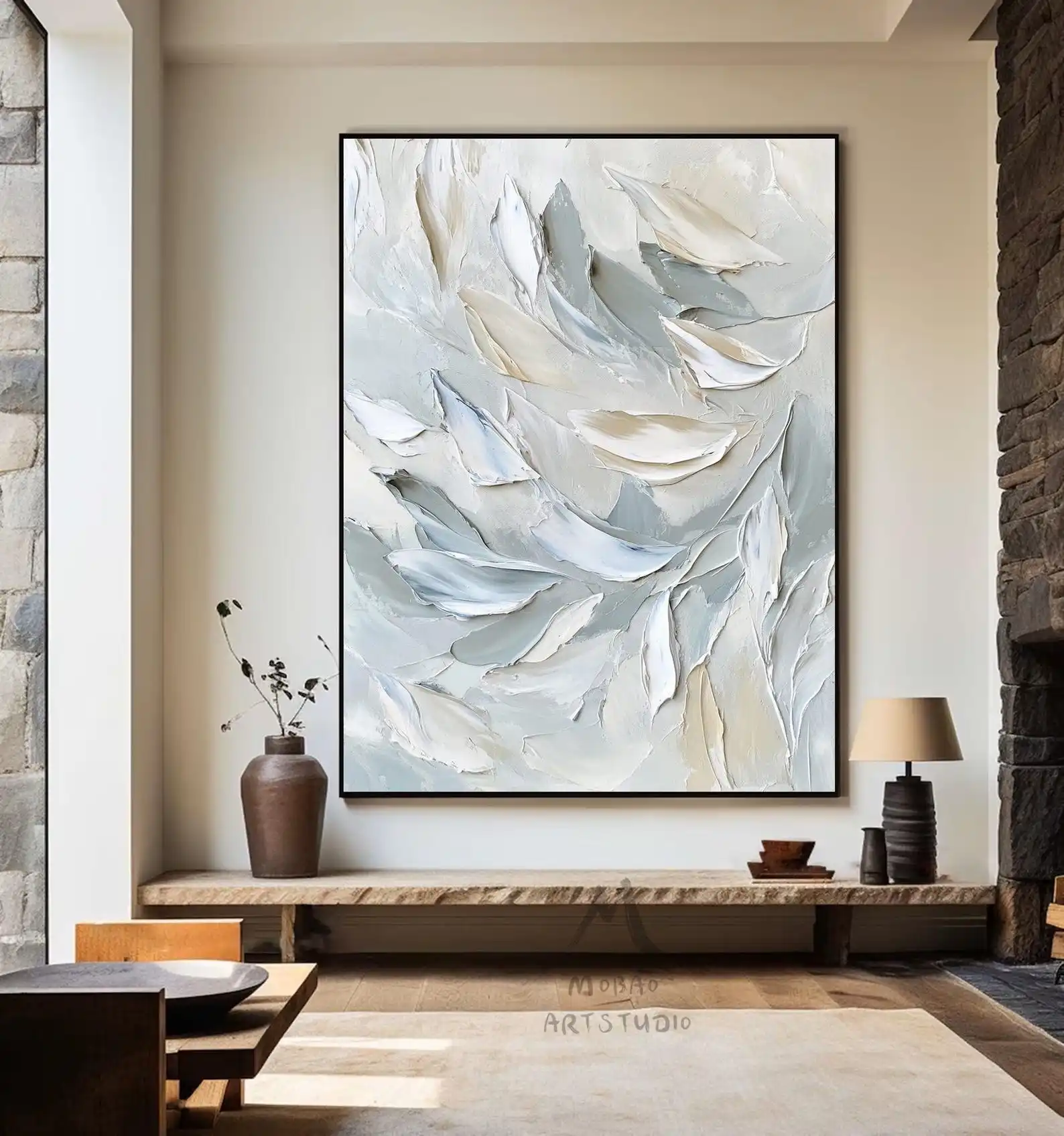 Mhemyo Beige Minimalist Texture Leaf Original Abstract Painting Gray White Canvas Hand Painted Wall Art For Living or Home Decor