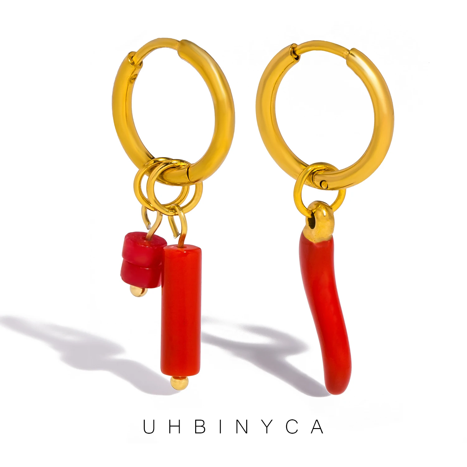 UHBINYCA Trendige asymmetrische rote Emaille-Chili-Ohrringe für Damen, Charm, 18 Karat vergoldet, Edelstahl, Schmuck, Geschenk