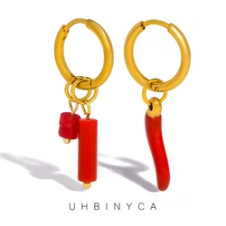 UHBINYCA Trendy Asymmetric Red Enamel Chili Earrings for Women Charm 18K Gold Plated Stainless Steel Jewelry Gift