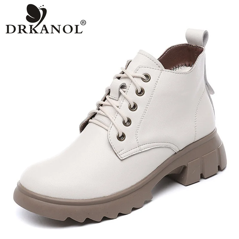 

DRKANOL Fashion Women Boots Autumn Winter Warm Wool Shoes Round Toe Thick Heel Non-Slip Rubber Sole Lace-Up Casual Ankle Boots