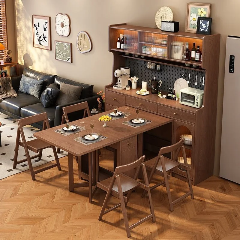 All solid wood folding dining table, side cabinet, integrated table, household small apartment, retractable mobile multi-functio