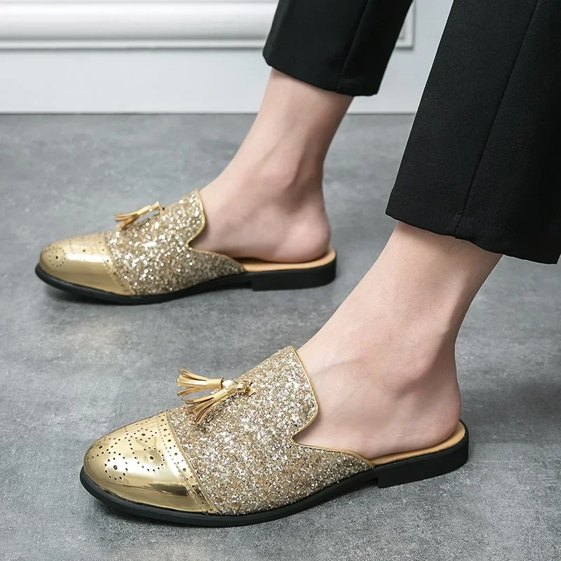 Fashion Men Gold Black Half Slippers Driving Shoes Male Sequin Tassels Casual Mules Moccasins Breathable Loafers Zapatos Hombre