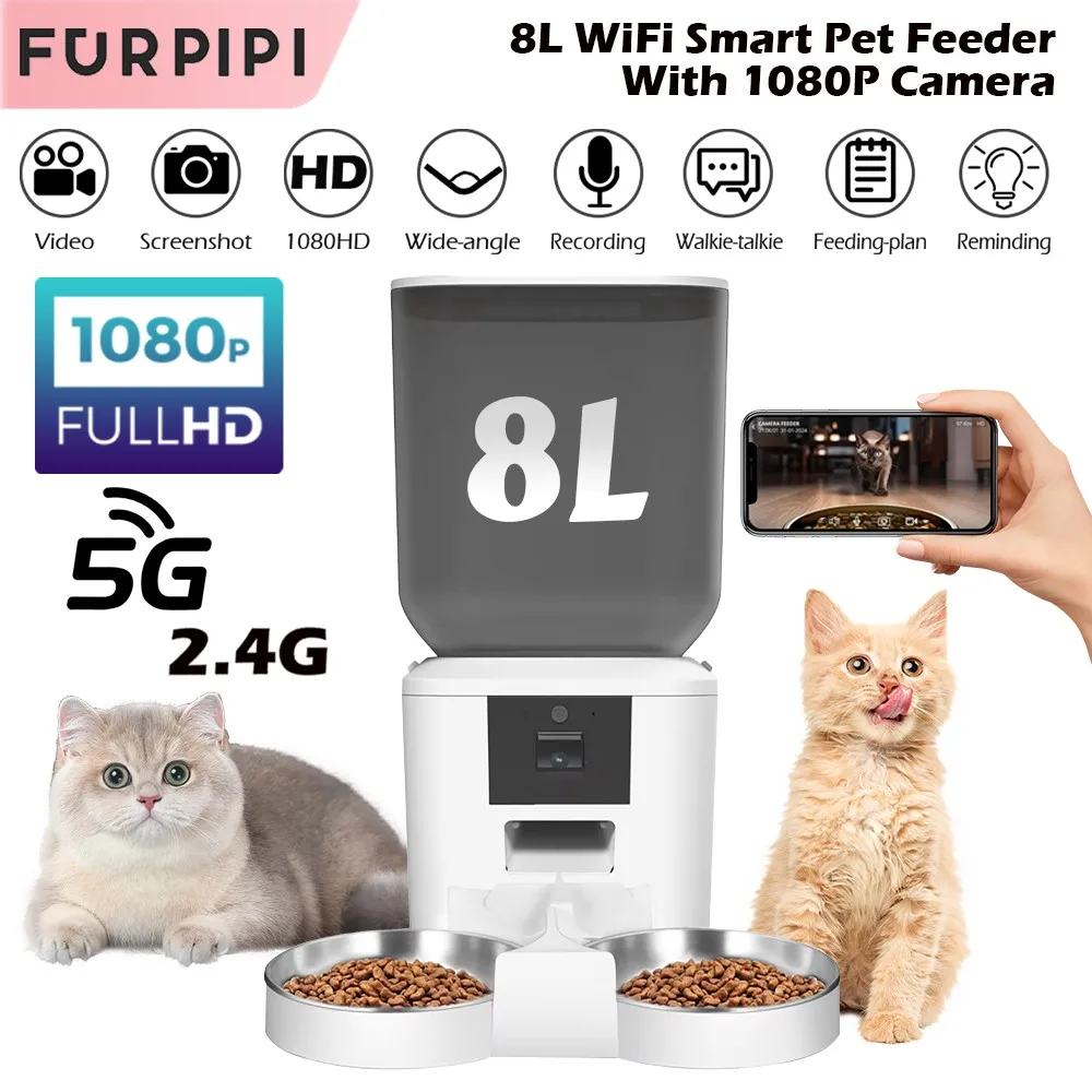 

8L Automatic Cat Feeder With 1080p Camera Video WiFi Cat Food Dispenser Pet Smart Voice Recorder Remote Control Pet Auto Feeder