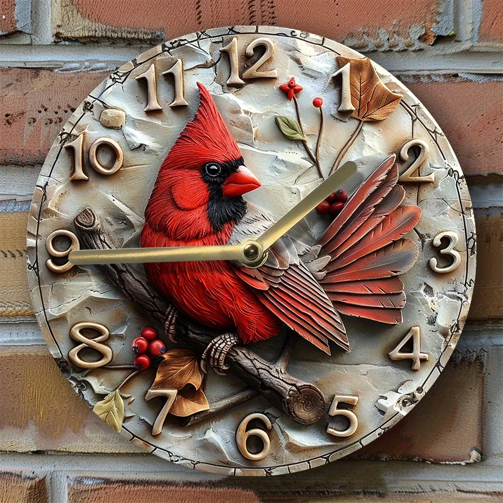 Aluminum Wall Clock With Cardinal Red Bird Design - Perfect For Autumn Bedroom Decor & Girls' Room