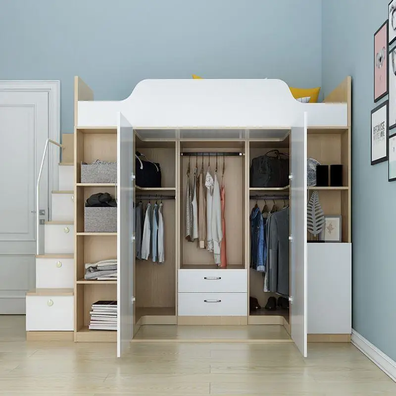 

Small apartment modern simple high and low wardrobe integrated staggered bed