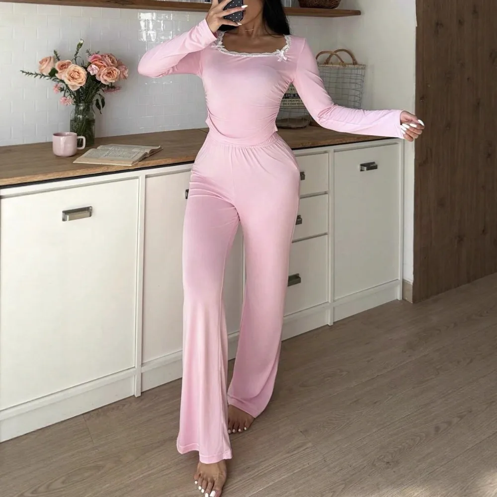 

Autumn and winter home wear lace patchwork long sleeved pants can be worn outside women's pajamas and pants