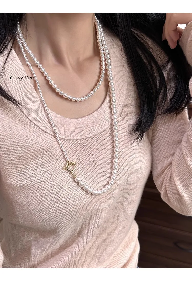 Yessy Vee Women 925 Silver White Gold Plate Necklace Austrian Strong Light Pearl Double Layer Luxury Top Quality Sweater Chain