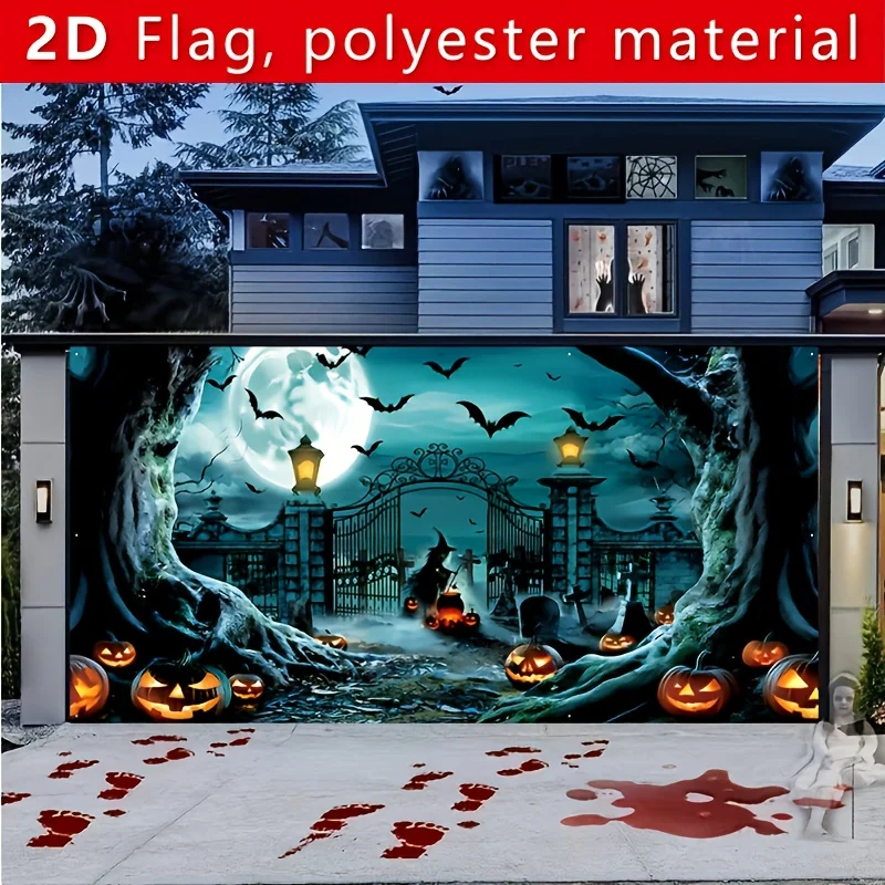 طائرة ثنائية الأبعاد، لافتة باب جراج كبيرة للهالوين - مشهد مقبرة رعب مع الخفافيش والسحرة وفوانيس اليقطين - ألياف البوليستر