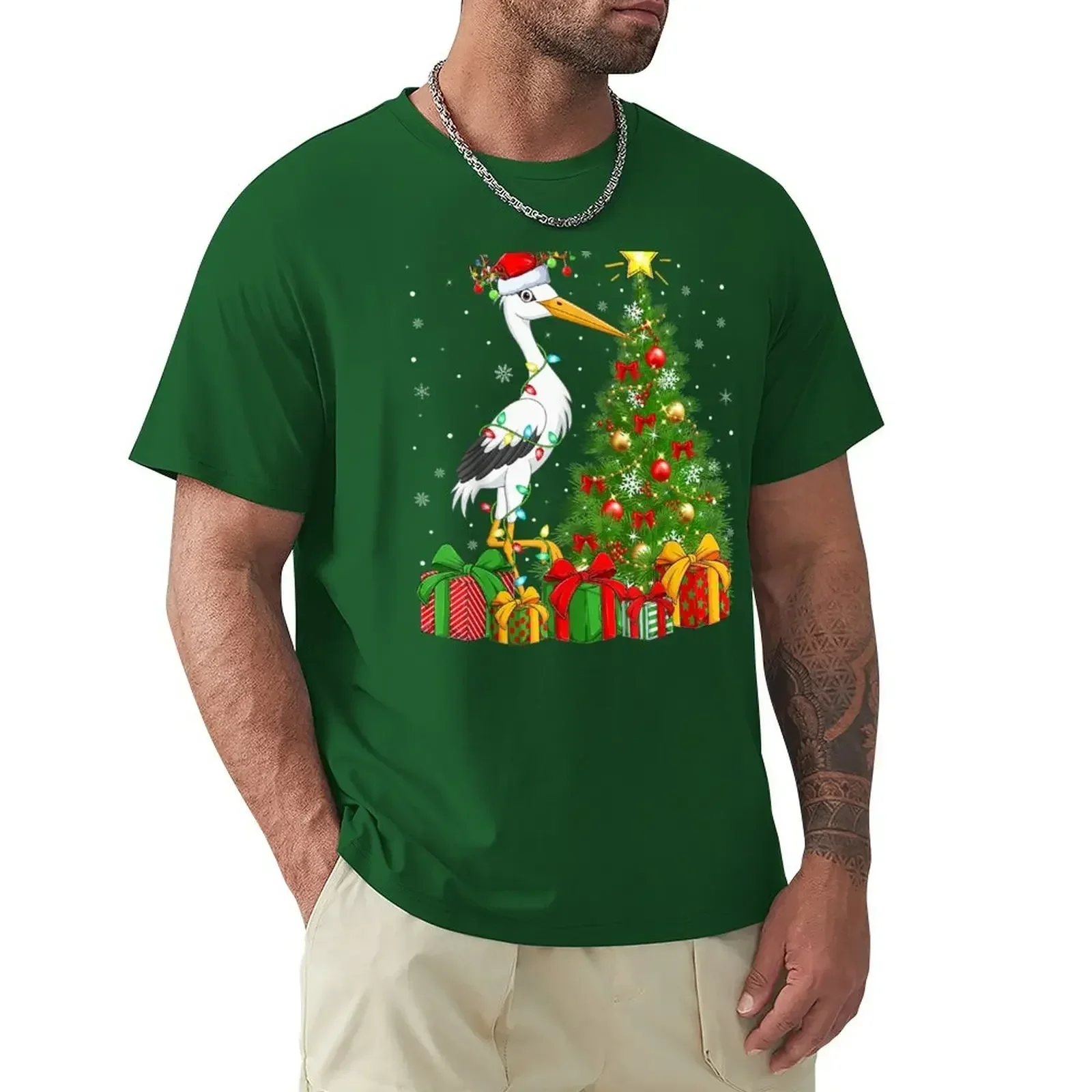 Stork Bird Lover Xmas Holiday Santa Stork Christmas Tree T-Shirt New Arrival streetwear anime clothes  Hot Sale 2024