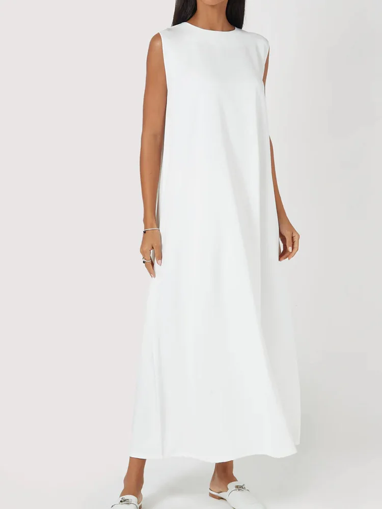 Casual White Dress Simple Vest Dress Loose Round Neck Draped Straight Skirt