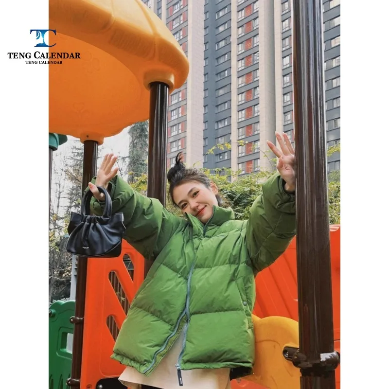 Korean Version Winter Down Jacket, Fruit Green, Popular Stand Up Collar, Thick White Duck Down Bread Jacket, Women's New Model,