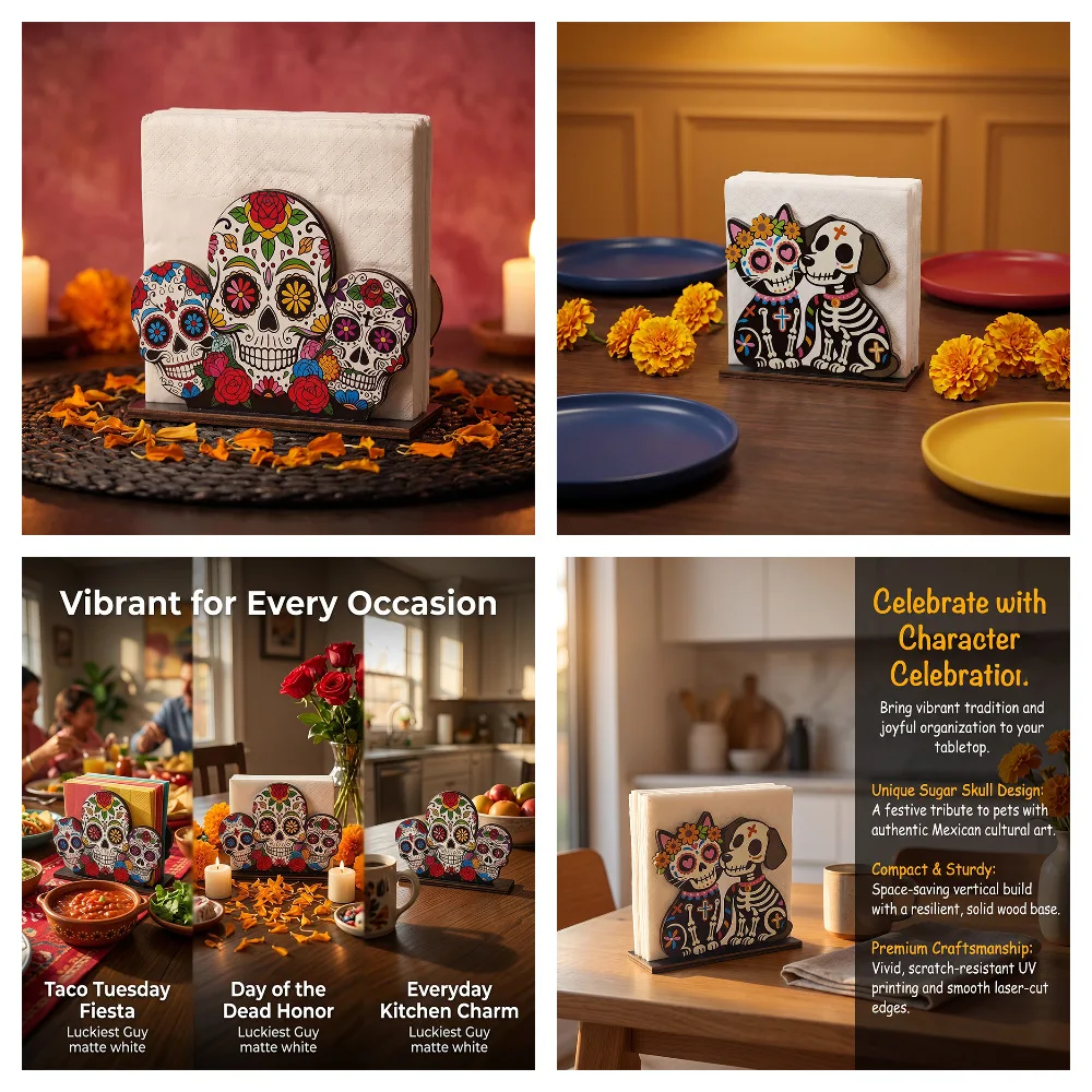 Dia De Los Muertos Wooden Skeleton Dog Napkin Holder, Day of The Dead Skull Chihuahua Tabletop Decor, Hand-Painted Tissue Stand