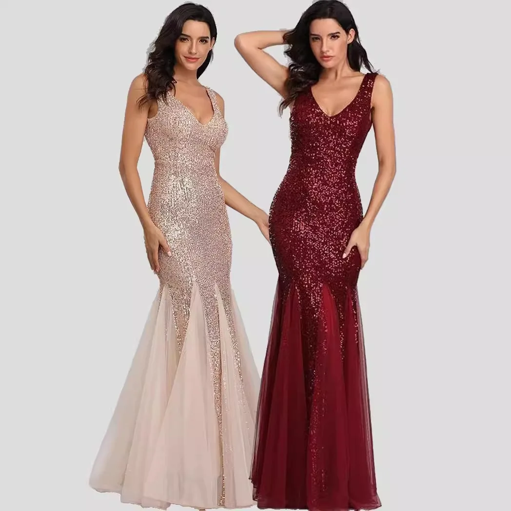 European and American Middle Eastern Sequined Toast Dress Temperament V-neck Sexy Fishtail Slim Banquet Eveningdress Mercerized