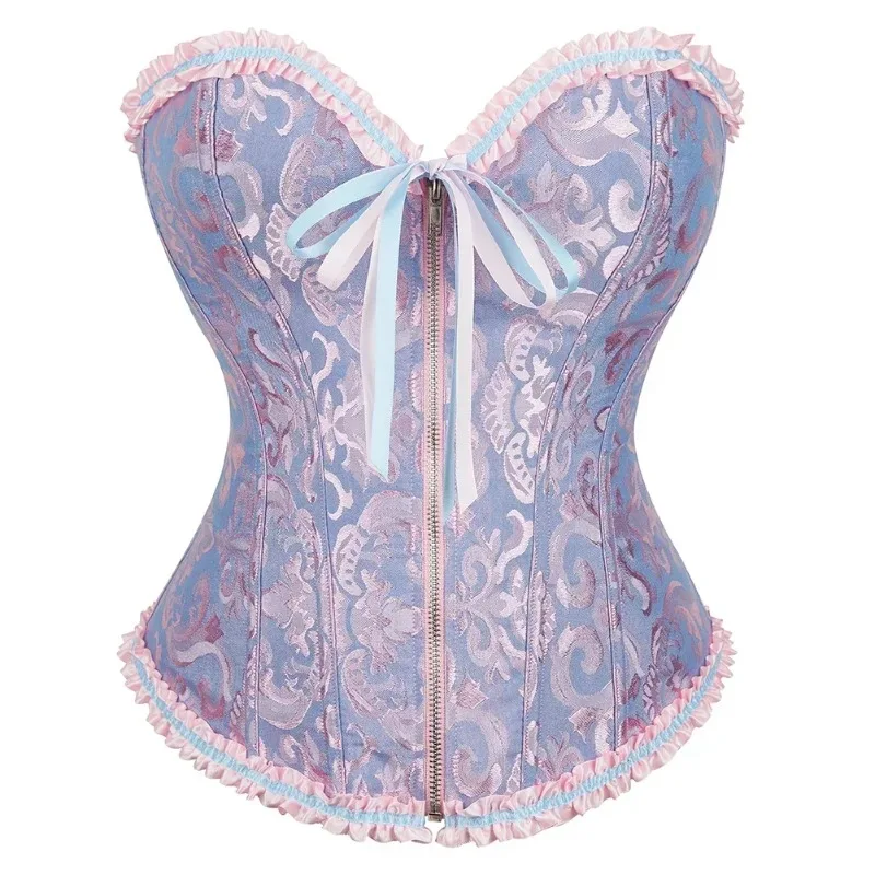 Women Corset Overbust Zipper Waist Bustier Top Black White Pink Beige Brown Red Green Blue Elegant Basques Corselet
