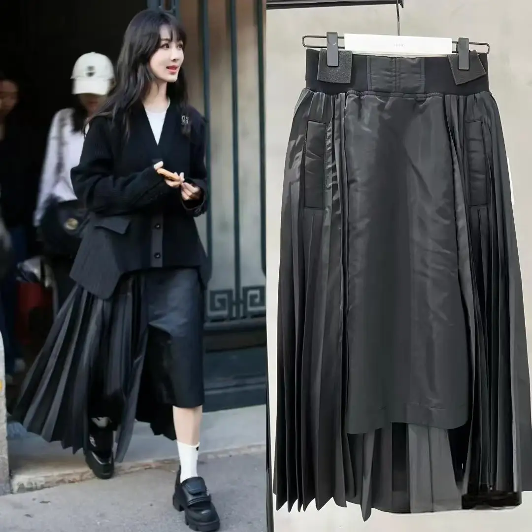 FOG SACAI カジュアルルーズウエストプリーツスカート非対称デザインミディ丈半身スカート和風トレンディな女性のスカート