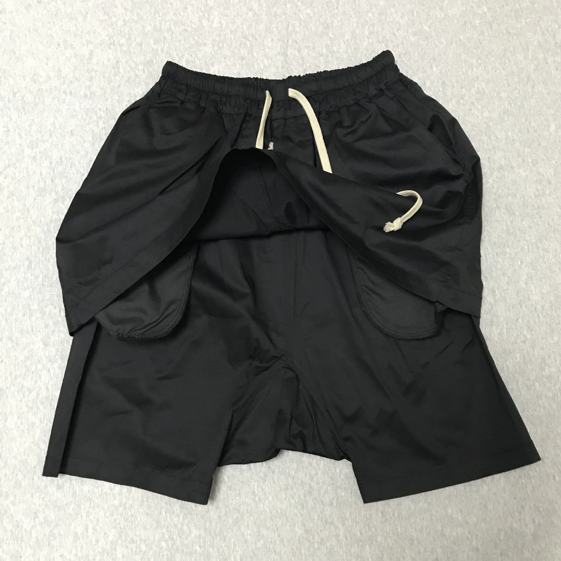 Firmranch Black Double-layer Crotch Shorts For Men Women High Street Elastic Waist Drawstring Fake Two-piece Fifth Pants