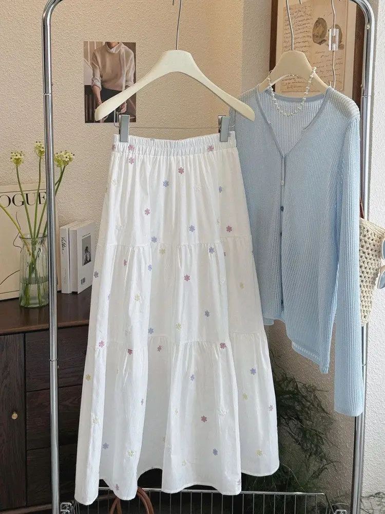 Sweet Chic Cute Embroidery Flower White Skirts for Women A-line Loose Jupe 2026 Faldas Mujer De Moda Fashion Korean Skirt Summer