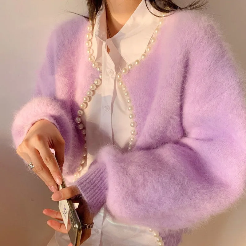

Women's Mink Cashmere Sweater Knitted Cardigan Sweet Lantern Sleeve Sweater Coat Korean Beads 2025 Casual Knitwear Open Stitch