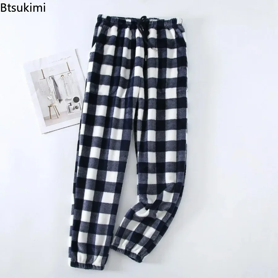 2024 Women\'s Warm Pajama Trousers Autumn Winter Coral Fleece Thick Plaid Warm Pants Men\'s Flannel Home Pants Loose Lounge Wear