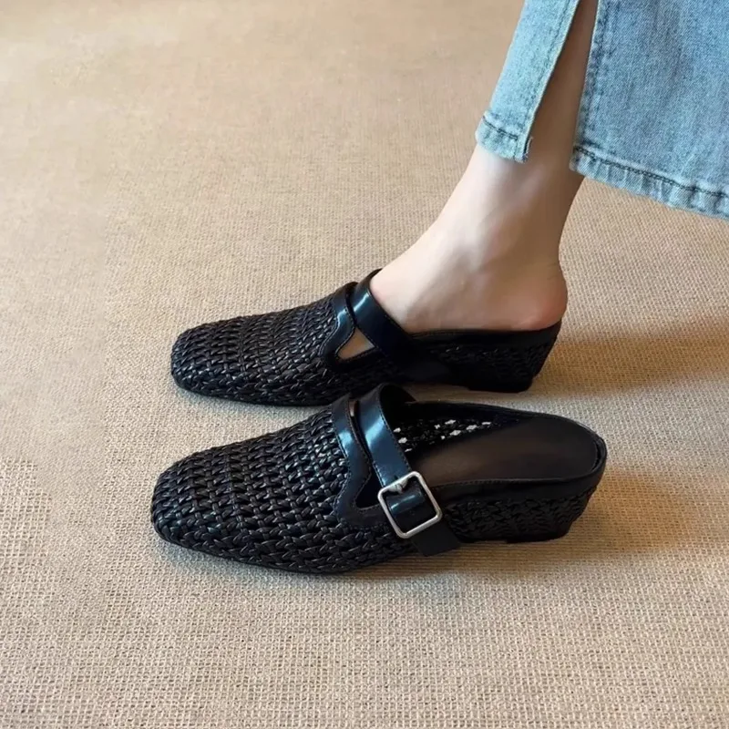 Weaving Slope Heels Belt Buckle Breathable Toe Cover Height Increasing Fashionable Wearing Outside Lazy Half Slippers for Women