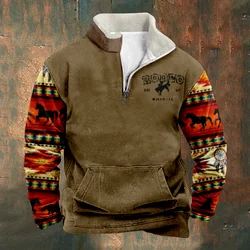 Patchwork Men's Hoodie Vintage Graphic Cowboy Sweatshirts Long Sleeve Stand Collar Zipper Casual Pullovers For Men Sweatshirt