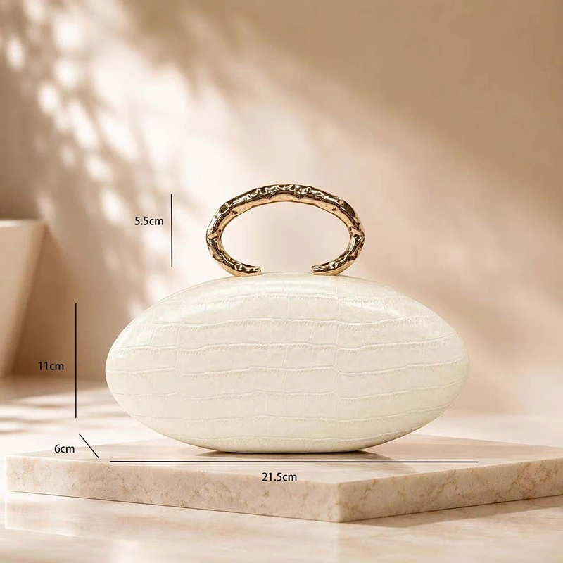  Eiförmige Handtasche mit Krokodil-Textur und Acryl-Griff, ovale Abendtasche mit Kettenriemen für Damen, luxuriöse Clutch für Hochzeiten und Partys. – Detail 12