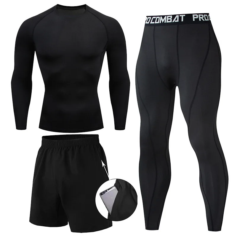 Athletic Workout Compression Sets for Men 3 Pieces Fitness Suit Long Sleeve Rash Guard Undershirt Tops Pants Trousers Shorts