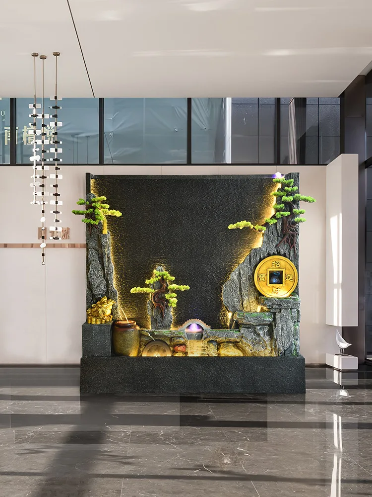 Large floor-to-ceiling water curtain wall, flowing water ornament, screen partition villa, living room landscaping