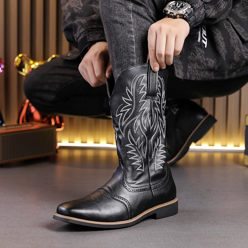 Luxury Cowboy Boots for Men Vintage Knight Shoes Leather Embroidery Mid Heel Motorcycle Boots 2024New Casual West Boot Botas