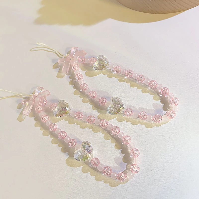 Pink Crystal Love Bow Mobile Phone Lanyard Key Lanyard Mobile Phone Jewelry Anti-Lost And Glass Flower Bead Mobile Phone Pendant