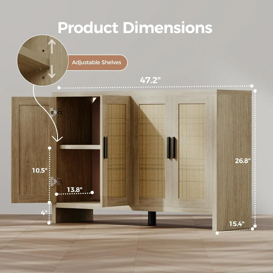 Rattan Buffet Cabinet with Storage Sideboard Featuring Doors for TV Stand Farmhouse Style Coffee Bar Modern Wood Storage Cabine