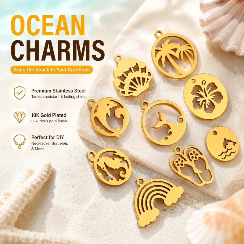 

New Stainless Steel Ocean Series Accessories Coconut Tree Flower Dolphin Rainbow Shell Seahorse Charms DIY Handcraft Parts