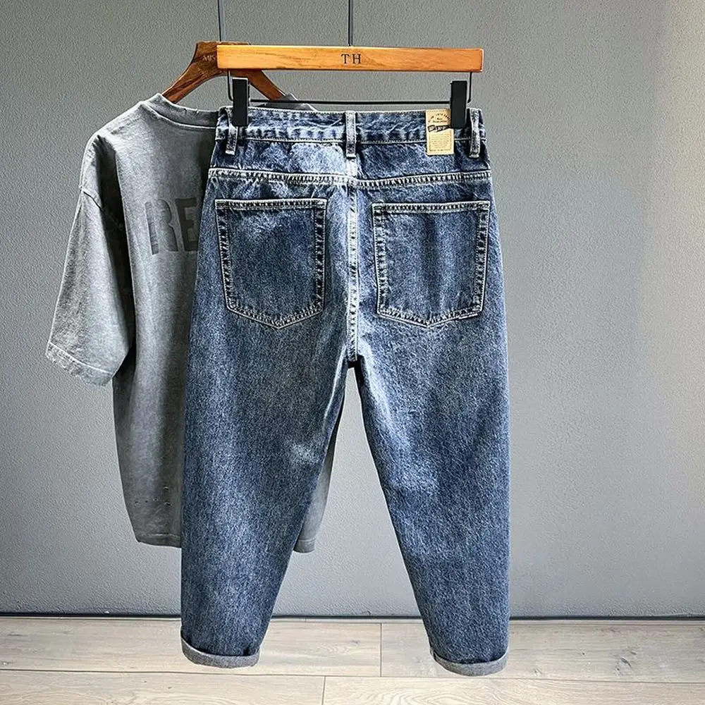 

Korean Vintage Loose Tapered Men's Jeans Fashion High Street Drape Harem Pants Youth Hip Hop Streetwear Male Blue Denim Trousers
