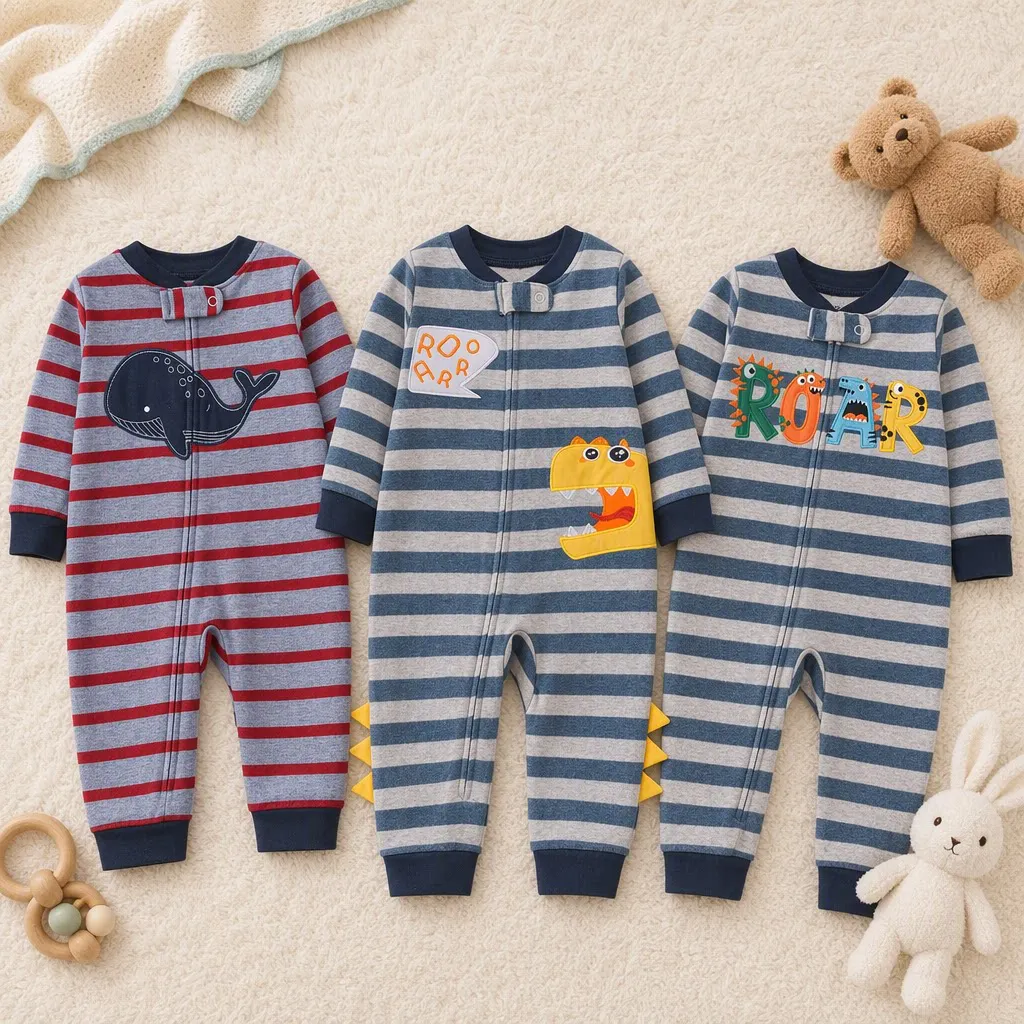 Striped Double-sided Cotton Baby Romper Cute Animal Letter Embroidered Zip Jumpsuit 6-24M Boys All Seasons Wear Infant Clothes