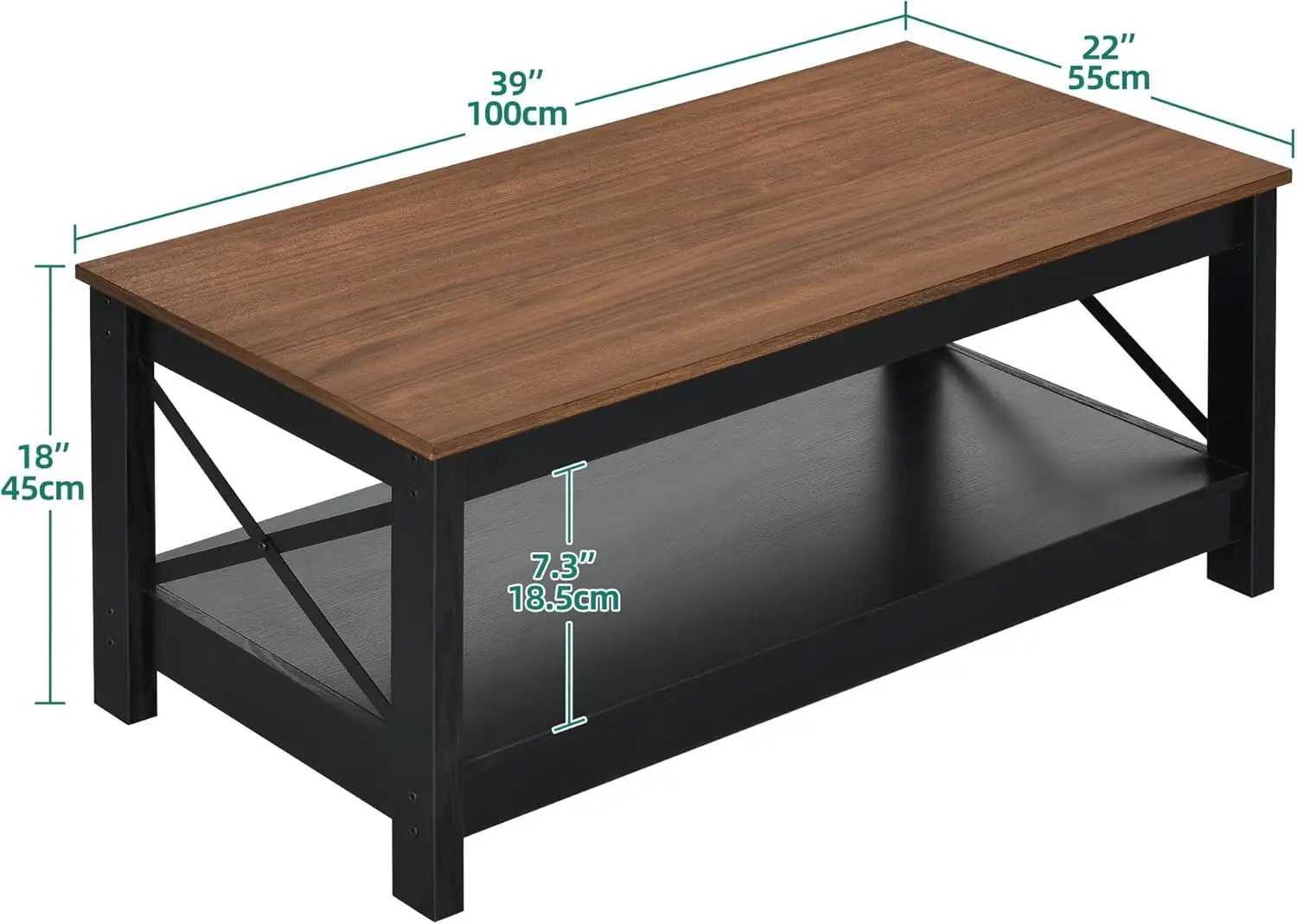 Mesa de centro para sala de estar, mesa de centro moderna de granja con almacenamiento, 2 niveles, color marrón y negro