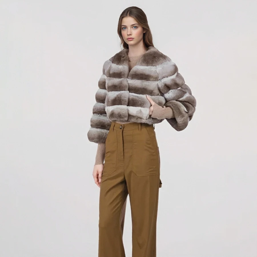 Kurzer Rex-Kaninchenfellmantel mit V-Ausschnitt, Chinchilla-farbige Jacken, Damen-Lederjacke, modischer neuer kurzer natürlicher Pelzmantel