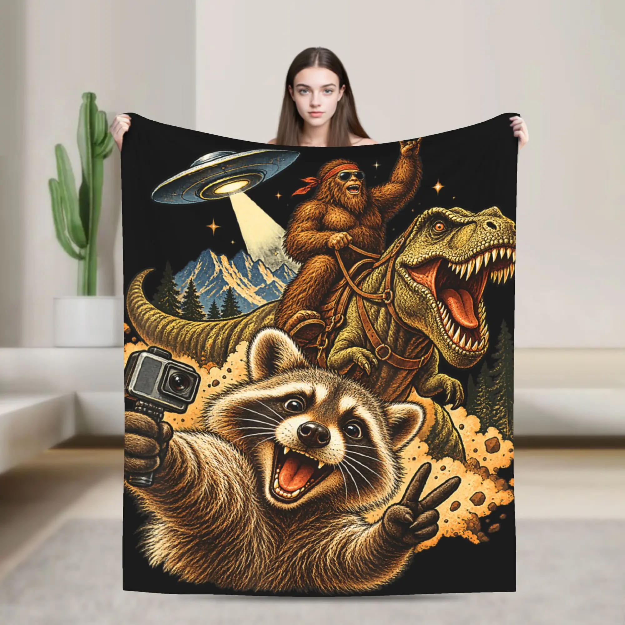 Funny Bigfoot Ride Dinosaur Raccoon Throw Blanket for Couch  Fuzzy Soft Plush Blanket 50x60 Inch Multiple Sizes Bedspread