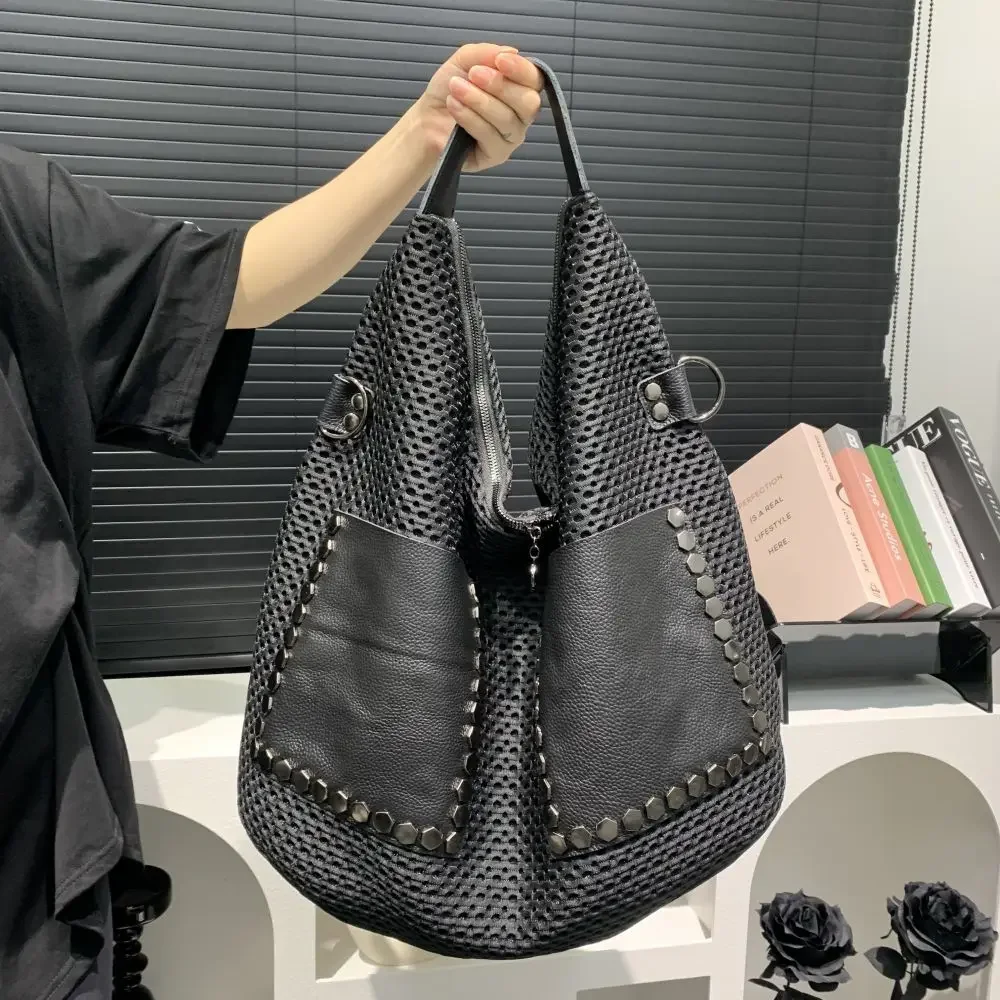 2024 Hot Sell New Retro Mesh Handbag, Large Capacity Shoulder Bag, Punk Style Rivet Stray Bag, Large Women\'s Bag Purses