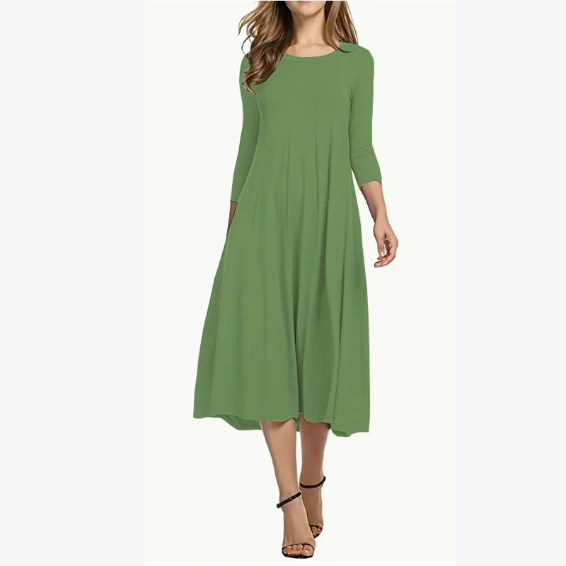 Women\'s Elegant Dress Spring and Autumn New Round Neck 3/4 Sleeves Solid Color A-line Skirt Simple and Casual Vintage Long Dress