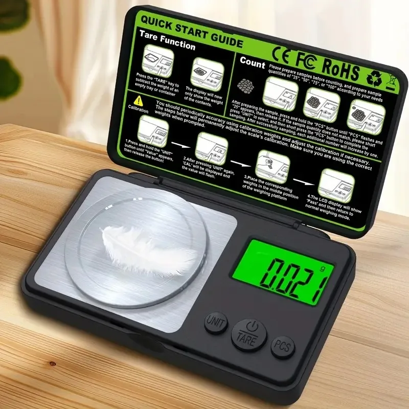 

2025 new high-precision 0.001g electronic jewelry stainless steel weighing powder measurement with tweezers weight calibration