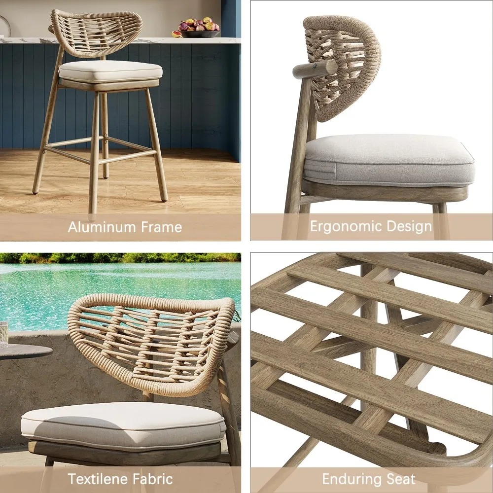 Bar Stools Set of 2 29'' Rattan Barstools Counter Stools Outdoor Bar Stools Kitchen Chairs with Back for Kitchen Island