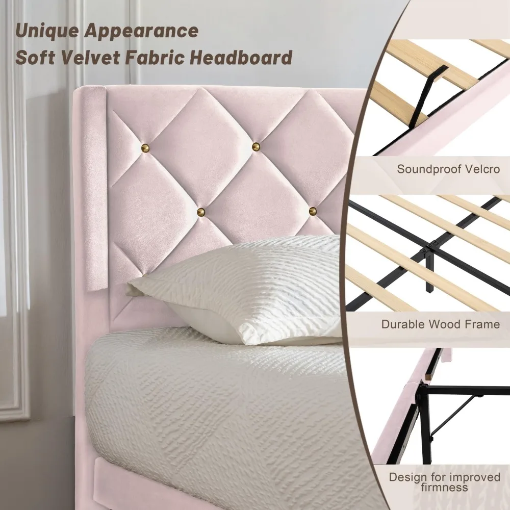 إطار سرير بمنصة رأس مخملية بحجم كوين مع دعامة خشبية وسهلة التجميع