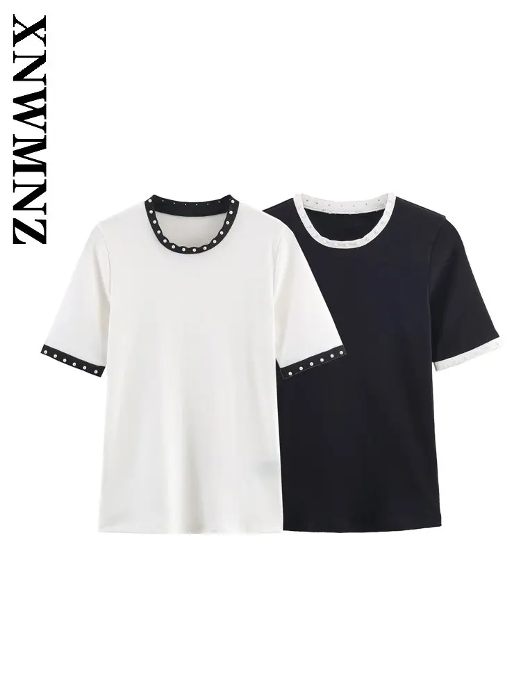 

XNWMNZ 2025 летняя новая женская модная простая футболка с круглым воротником и короткими рукавами, повседневный женский универсальный пуловер с жемчугом