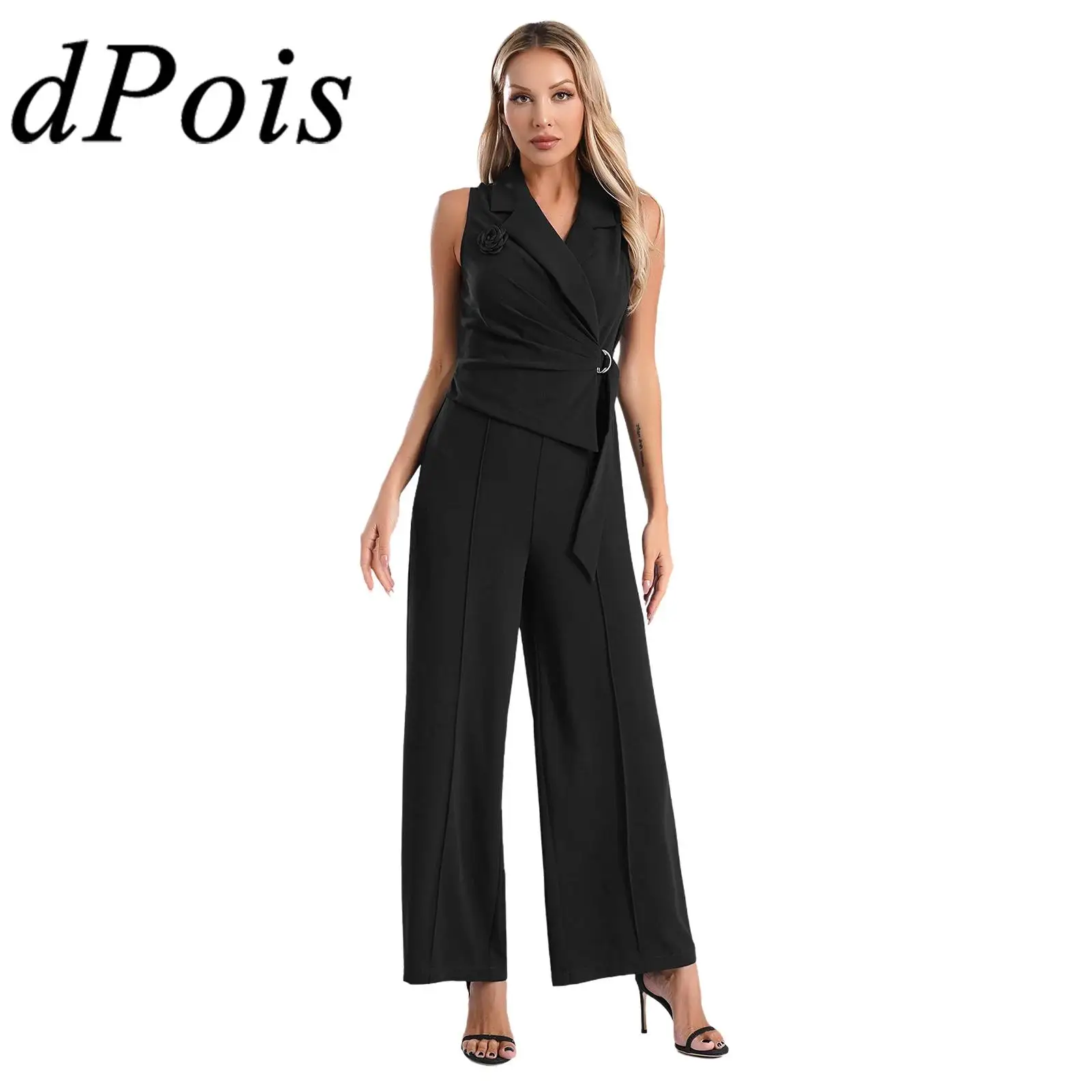 

OL Style Womens Jumpsuit Romper with Brooch Femme Fashion Sleeveless Bodysuit Workwear Office Lady Wide Leg Pants Business Wear